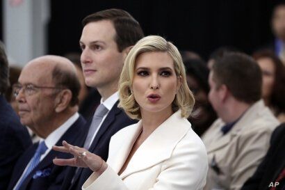 Ivanka Trump, Jared Kushner and Commerce Secretary Wilbur Ross listen during an event with President Donald Trump at the Louis…