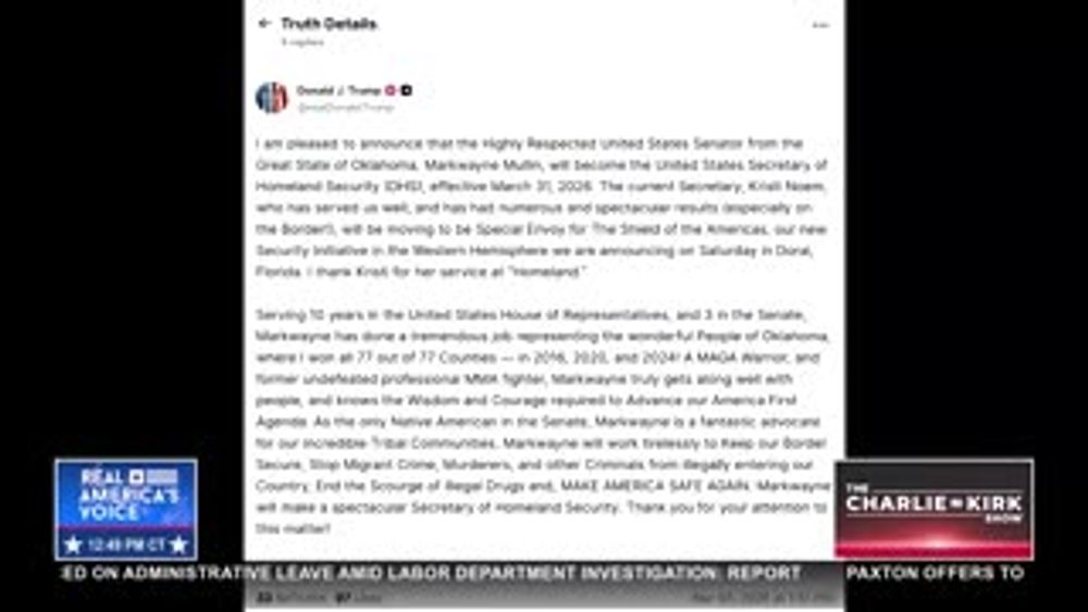 BREAKING NEWS: KRISTI NOEM BEING REPLACED BY MARKWAYNE MULLIN