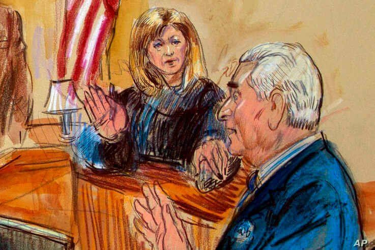 This courtroom sketch shows former campaign adviser for President Donald Trump, Roger Stone talking from the witness stand as…