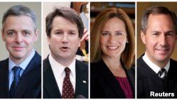 FILE - Federal appeals court judges, from left: Raymond Kethledge, Brett Kavanaugh, Amy Coney Barrett, and Thomas Hardiman, being considered by President Donald Trump for the U.S. Supreme Court, are seen in this combination photo from files. 