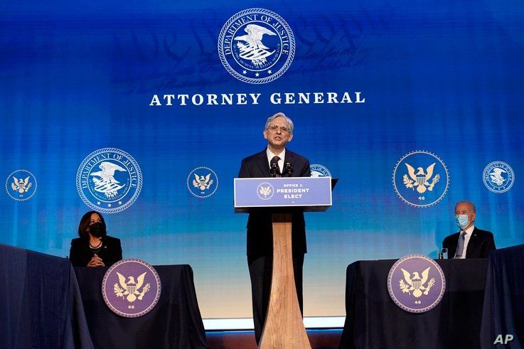 FILE - Attorney General nominee Judge Merrick Garland speaks during an event with President-elect Joe Biden and Vice President-elect Kamala Harris at The Queen theater in Wilmington, Del, Jan. 7, 2021.