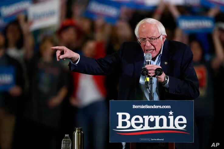 Democratic presidential candidate Sen. Bernie Sanders, I-Vt., makes a point during a campaign stop late Feb. 16, 2020.