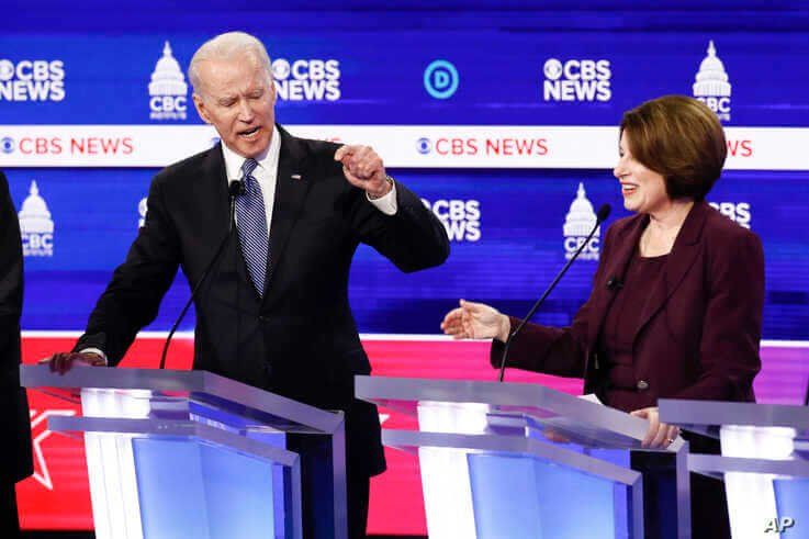 Democratic presidential candidates, former Vice President Joe Biden, left, and Sen. Amy Klobuchar, D-Minn., participate in a Democratic presidential primary debate at the Gaillard Center, Tuesday, Feb. 25, 2020, in Charleston, S.C.