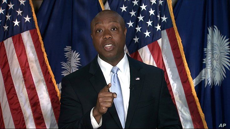 In this image from Senate Television video, Sen. Tim Scott, R-S.C., delivers the Republican response to President Joe Biden's…