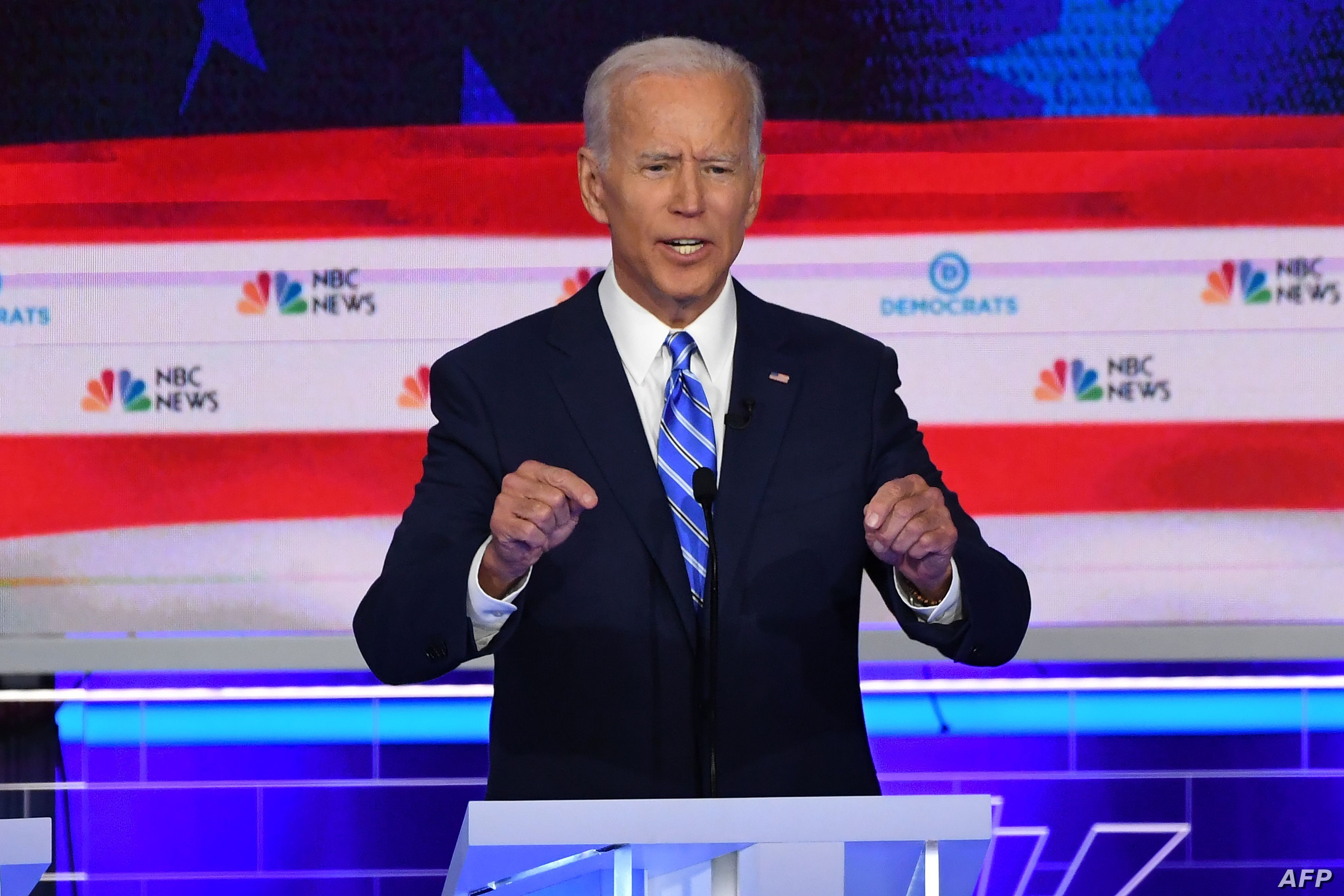 Democratic presidential hopeful former US Vice President Joseph R. Biden Jr. speaks during the second Democratic primary debate of the 2020 presidential campaign season hosted by NBC News at the Adrienne Arsht Center for the Performing Arts in Miami…