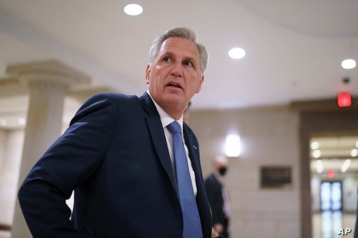 House Minority Leader Kevin McCarthy, R-Calif., and fellow Republicans gather to consider a replacement for Rep. Liz Cheney, R…