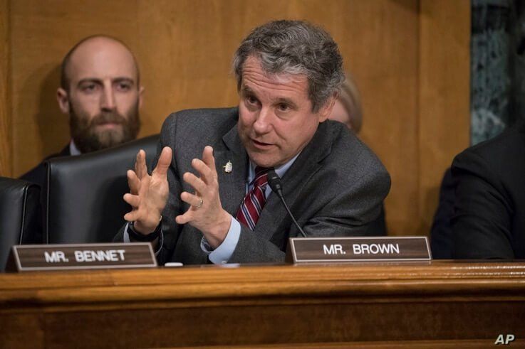 Senate Finance Committee member Sen. Sherrod Brown, D-Ohio questions Treasury Secretary-designate Steven Mnuchin, on Capitol Hill in Washington, Jan. 19, 2017, during his confirmation hearing.