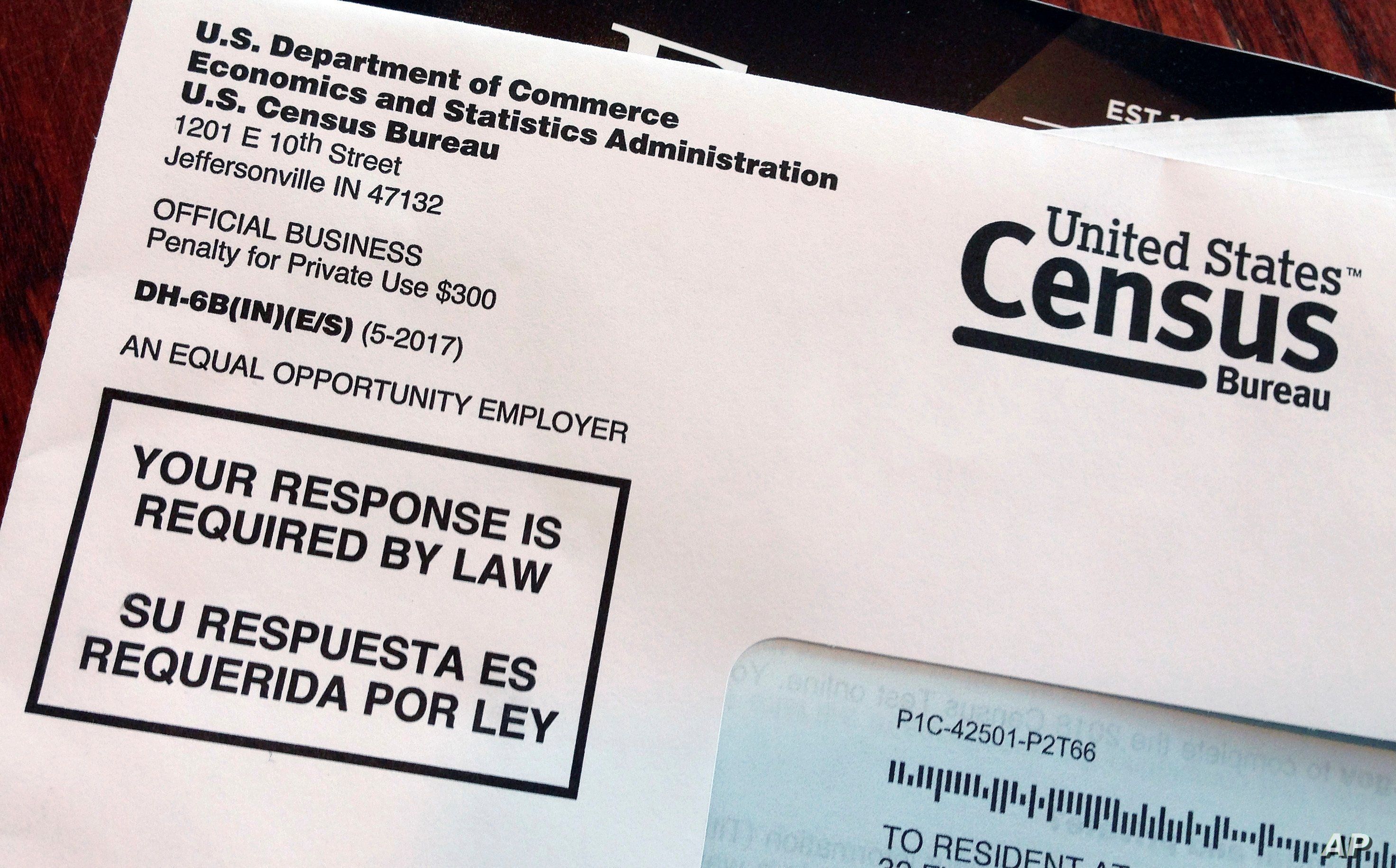 FILE - This March 23, 2018, photo shows an envelope containing a 2018 census letter mailed to a U.S. resident as part of the nation's only test run of the 2020 Census. 