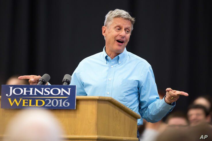 FILE - Libertarian presidential candidate Gary Johnson speaks during a campaign rally, Sept. 3, 2016, at Grand View University in Des Moines, Iowa.