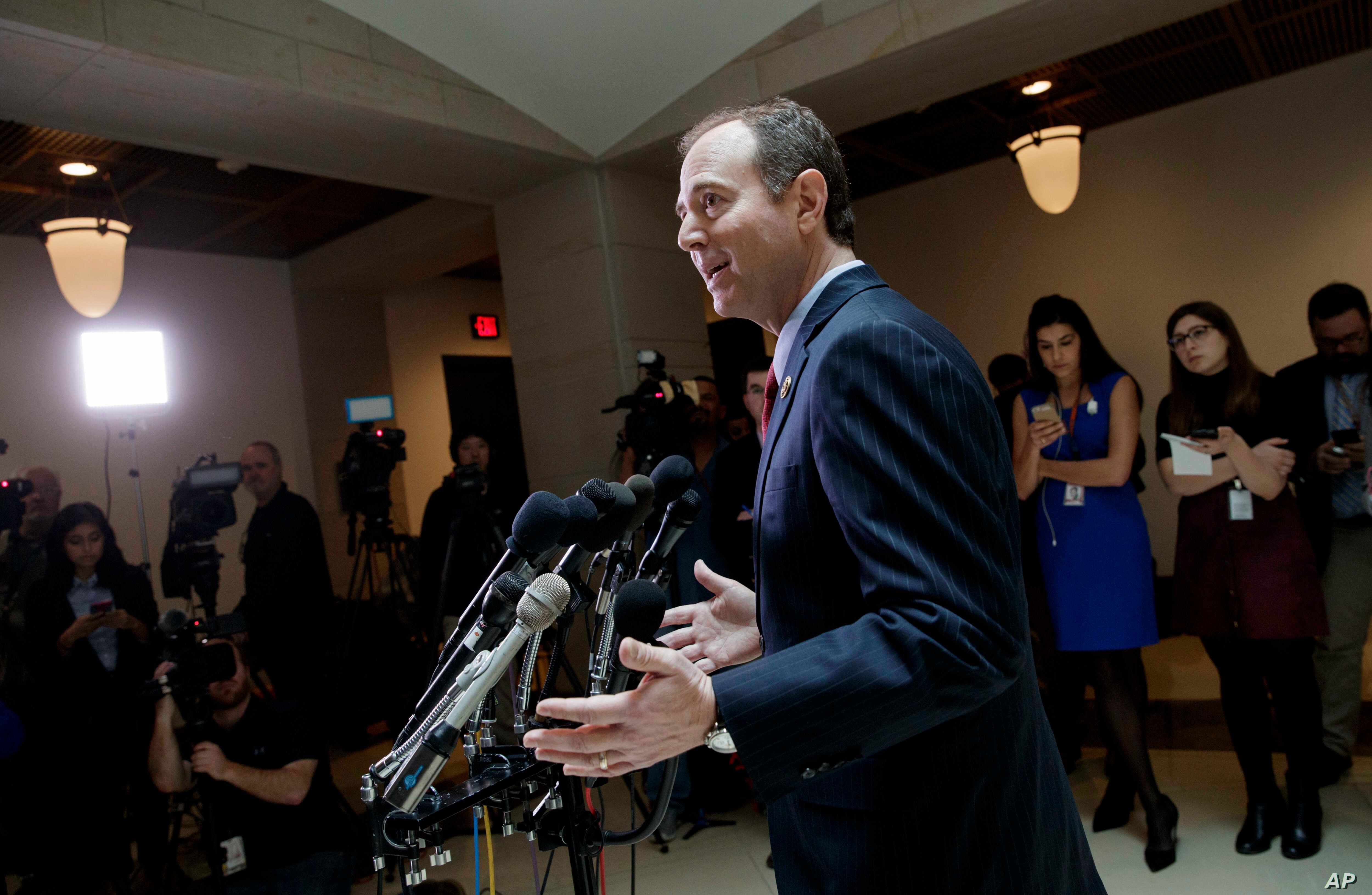 Rep. Adam Schiff, D-Calif., ranking member of the House Intelligence Committee, speaks to reporters about the actions of Committee Chairman Devin Nunes, R-Calif., on Capitol Hill in Washington, March 24, 2017. The panel is investigating Russian inter...