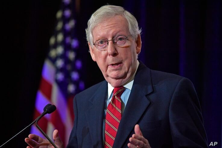 Senate Majority Leader Mitch McConnell, R-Ky., responds to a reporter's question during a press conference in Louisville, Ky.,…