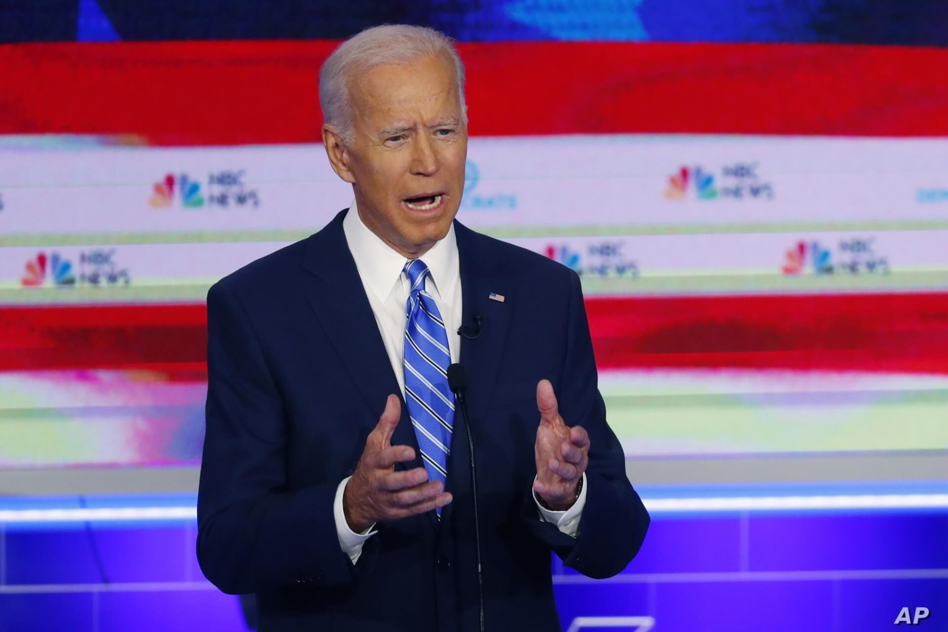 FILE - Democratic presidential candidate former vice president Joe Biden, speaks during the Democratic primary debate hosted by NBC News at the Adrienne Arsht Center for the Performing Arts in Miami, June 27, 2019.