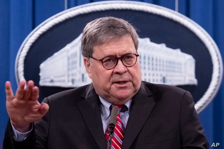 Attorney General William Barr speaks during a news conference, Monday, Dec. 21, 2020 at the Justice Department in Washington. …
