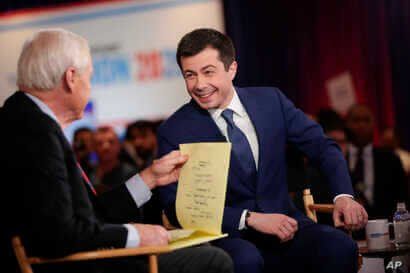 Democratic presidential candidate, former South Bend Mayor Pete Buttigieg is intervened in the spin room after a Democratic…