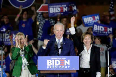 Democratic presidential candidate former Vice President Joe Biden speaks at a primary election night campaign rally 