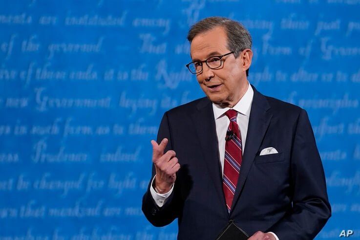 Moderator Chris Wallace of Fox News speaking on stage before the start of the first presidential debate Tuesday, Sept. 29, 2020, at Case Western University and Cleveland Clinic, in Cleveland, Ohio.