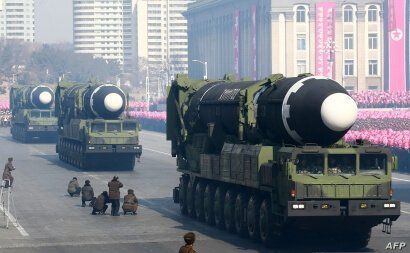 This photo taken Feb. 8, 2018, and released on Feb. 9, 2018, by North Korea's official Korean Central News Agency (KCNA) shows Hwasong-15 ballistic missile during the military parade in Pyongyang, North Korea.