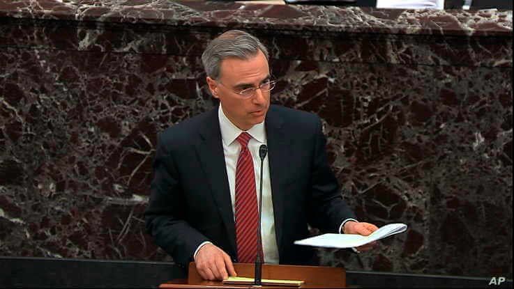 In this image from video, White House counsel Pat Cipollone speaks during the impeachment trial of President Donald Trump in the Senate, at the Capitol in Washington, Jan. 21, 2020.