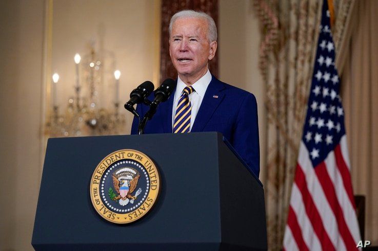 President Joe Biden delivers a speech on foreign policy, at the State Department, Thursday, Feb. 4, 2021, in Washington. (AP…