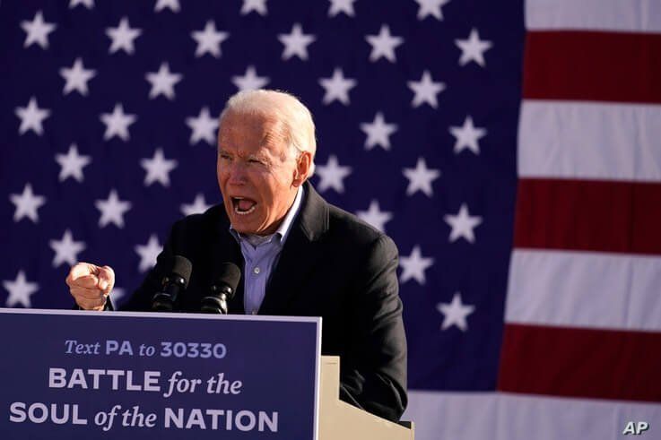 Democratic presidential candidate former Vice President Joe Biden speaks at a rally at Community College of Beaver County, Nov. 2, 2020, in Monaca, Pennsylvania.