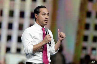 Democratic presidential candidate former U.S. Secretary of Housing and Urban Development Julian Castro speaks during the Iowa Democratic Party's Liberty and Justice Celebration, Nov. 1, 2019, in Des Moines, Iowa. 