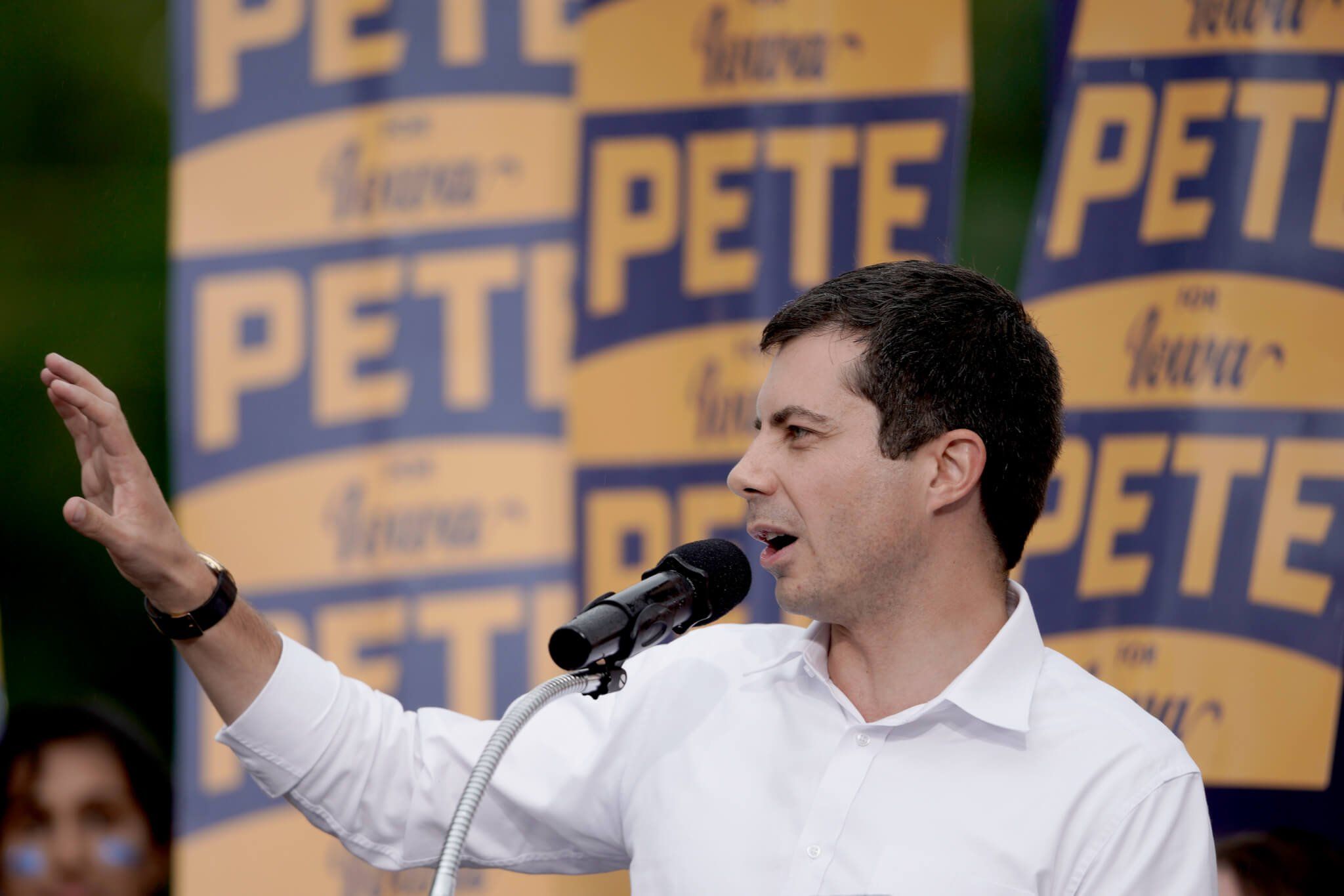 Democratic presidential candidate and South Bend Mayor Pete Buttigieg speaks at the Polk County Democrats Steak Fry, in Des Moines, Iowa,, Sept. 21, 2019. (AP Photo/Nati Harnik)