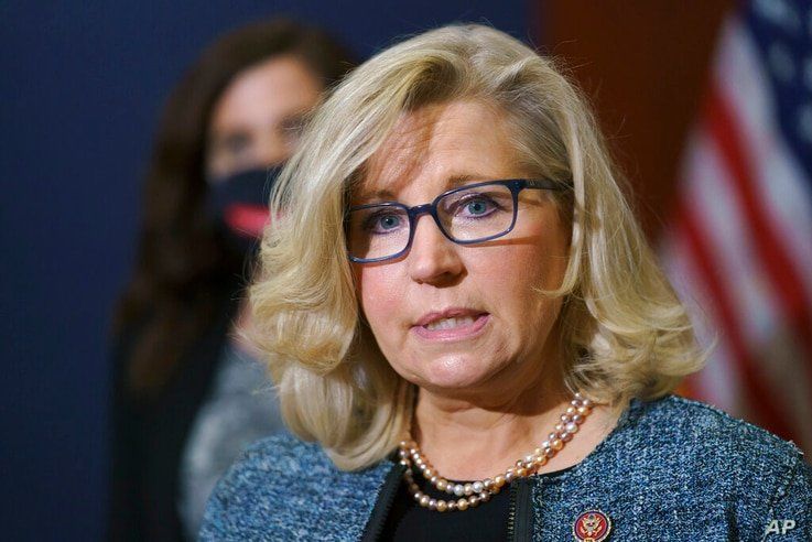 FILE - In this April 20, 2021, file photo Rep. Liz Cheney, R-Wyo., the House Republican Conference chair, speaks with reporters…