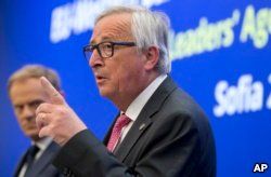 European Commission President Jean-Claude Juncker speaks during a media conference at the conclusion of an EU and Western Balkan heads of state summit at the National Palace of Culture in Sofia, Bulgaria, May 17, 2018.