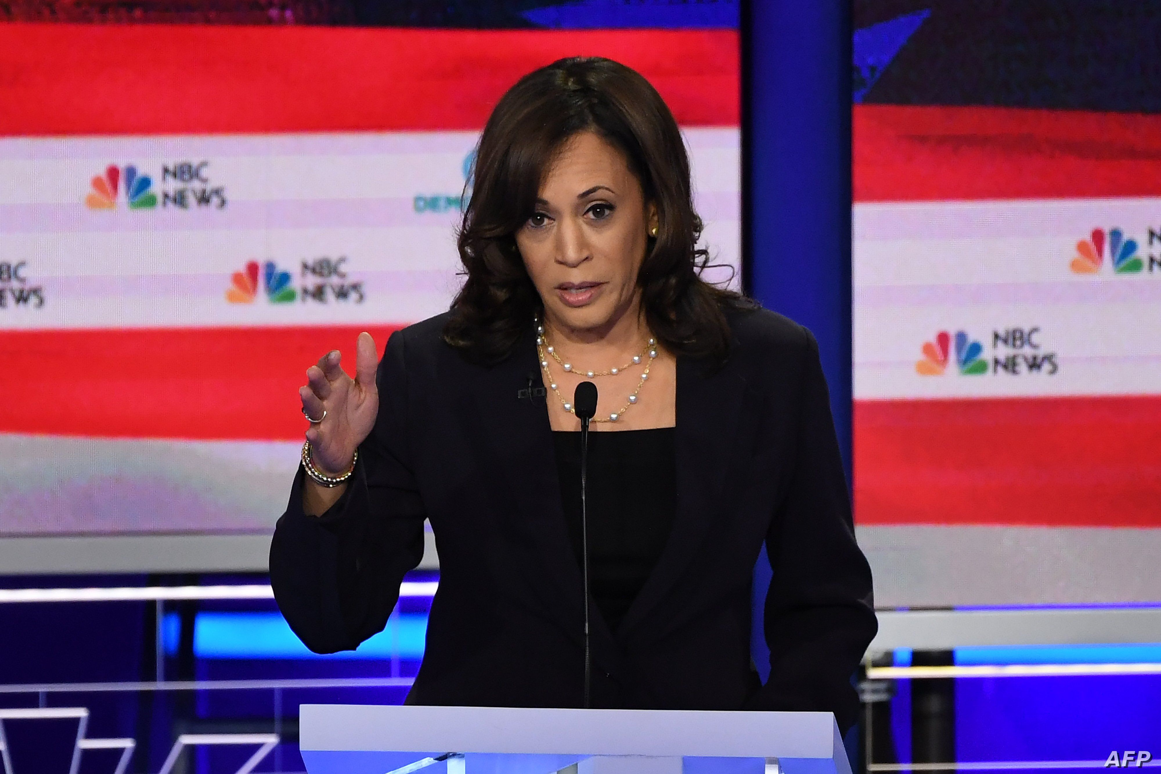 Democratic presidential hopeful U.S. Senator for California Kamala Harris speaks during the second Democratic primary debate of the 2020 presidential campaign at the Adrienne Arsht Center for the Performing Arts in Miami, June 27, 2019. 