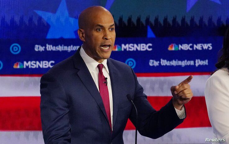 Democratic presidential candidate Senator Cory Booker speaks during the fifth 2020 campaign debate at the Tyler Perry Studios…