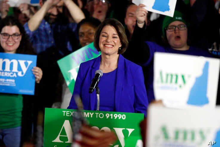 Democratic presidential candidate Sen. Amy Klobuchar, D-Minn., speaks at her election night party, Tuesday, Feb. 11, 2020, in…