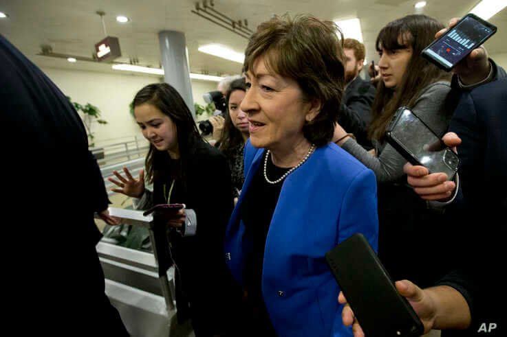 Senators Susan Collins R-ME talks to reporters before attending the impeachment trial of President Donald Trump on charges of…
