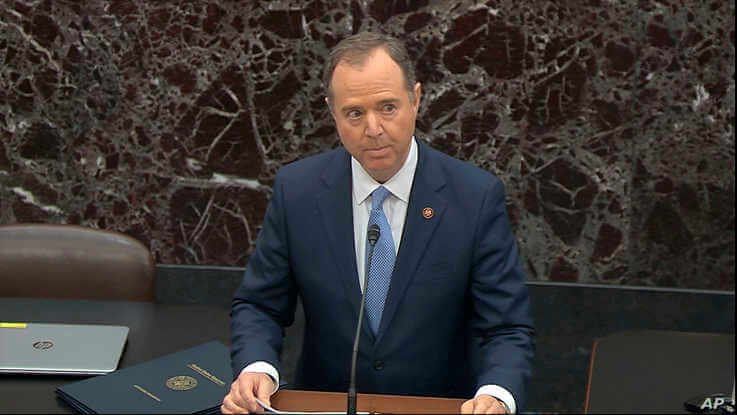 In this image from video, House impeachment manager House Intelligence Committee Chairman Adam Schiff, D-Calif., speaks during…