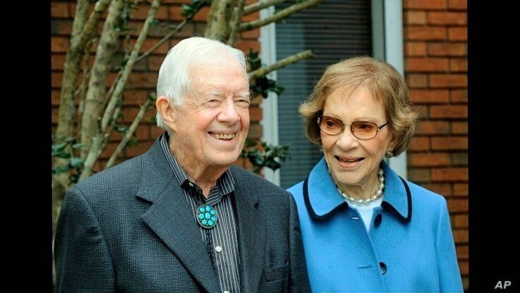 In this image from video, former President Jimmy Carter and former first lady Rosalynn Carter, seen in a photo as they speak on…