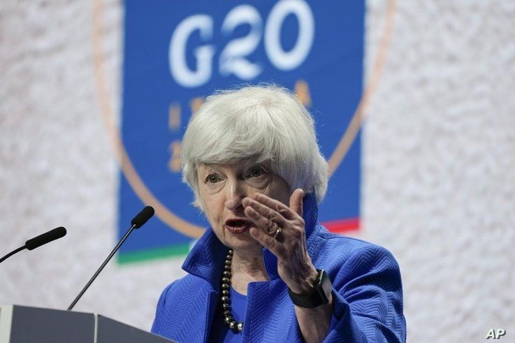 U.S.  Treasury Secretary Janet Yellen speaks during a press conference at a G20 Economy, Finance ministers and Central Bank governors' meeting in Venice, Italy, July 11, 2021. 