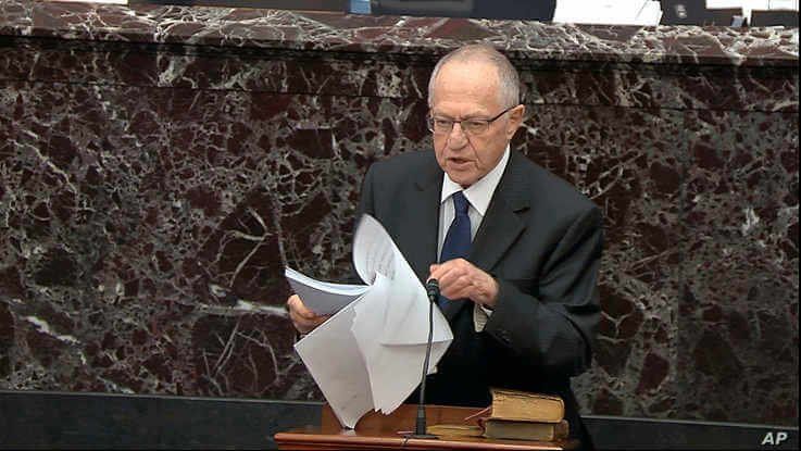 In this image from video, Alan Dershowitz, an attorney for President Donald Trump, speaks during the Trump's impeachment trial in the Senate at the Capitol in Washington, Jan. 27, 2020.