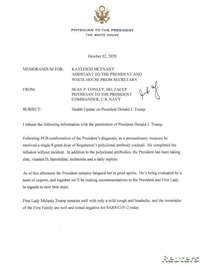A memorandum from the White House physician U.S. Navy Commander Sean Conley, released by the White House, provides an update on…