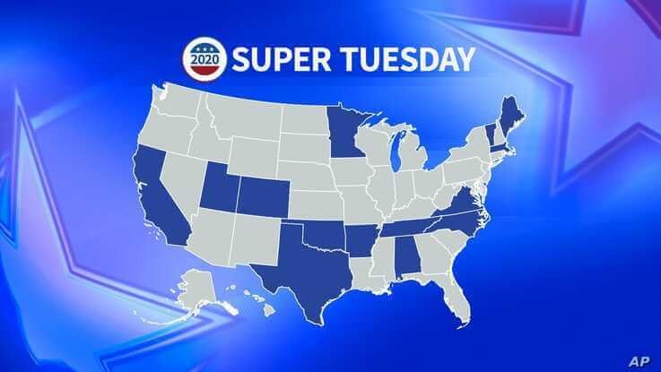Map showing the states holding 2020 primaries on Super Tuesday