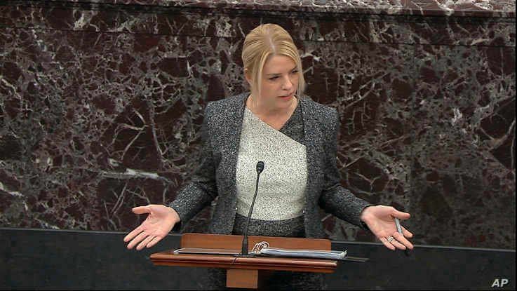 In this image from video, White House adviser and former Florida Attorney General Pam Bondi speaks during the impeachment trial…