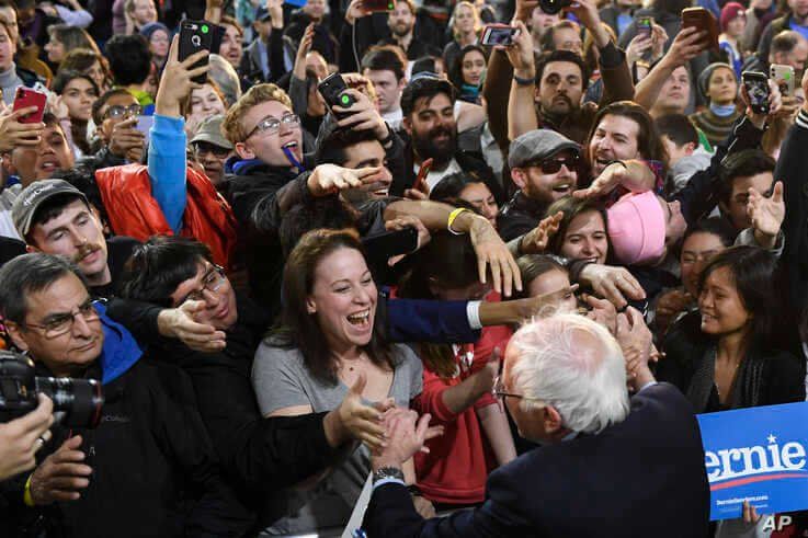 Democratic presidential candidate Sen. Bernie Sanders, I-Vt., greets the audience after speaking at a campaign rally