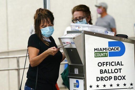 An election worker places a vote-by-mail ballot into an official ballot drop box outside of a voting site in Miami Florida. (Lynne Sladky/AP)