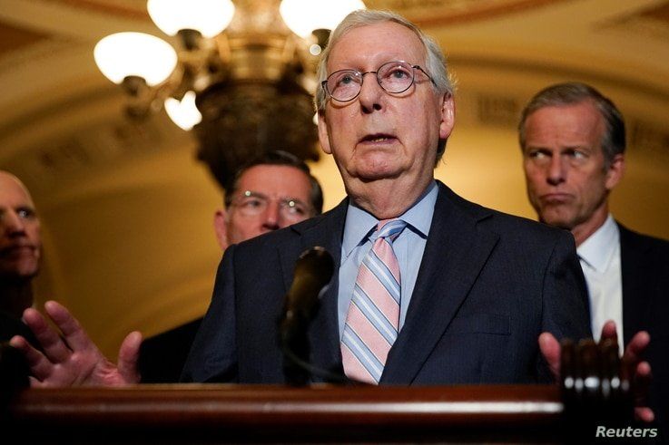 Senate Minority Leader Mitch McConnell speaks to reporters following the weekly Senate lunch at the U.S. Capitol in Washington,…